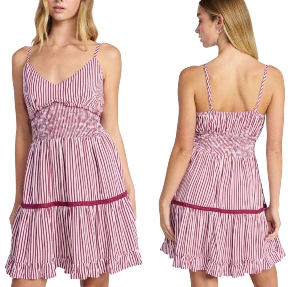 No Boundaries Dress Womens Size XXS Pink Stripe Ruffle Smocked Mini Sundress
